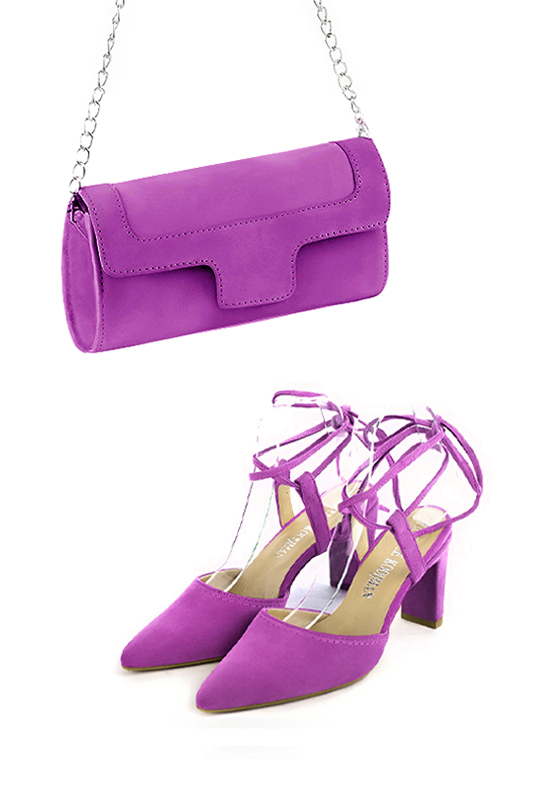 Dress clutch for wedding and parties in mauve purple leather - Worn view